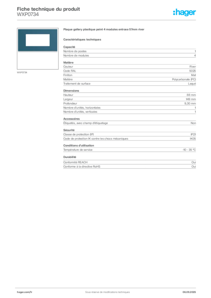 Image Hager Fiche technique du produit WXP0734 | Hager France