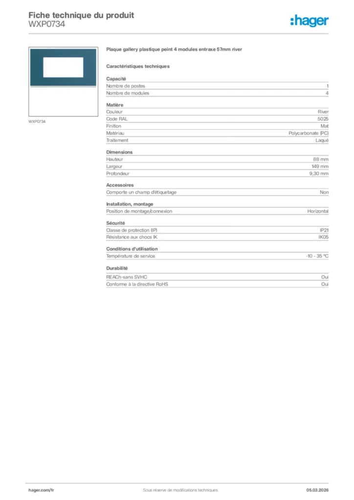 Image Hager Fiche technique du produit WXP0734 | Hager France