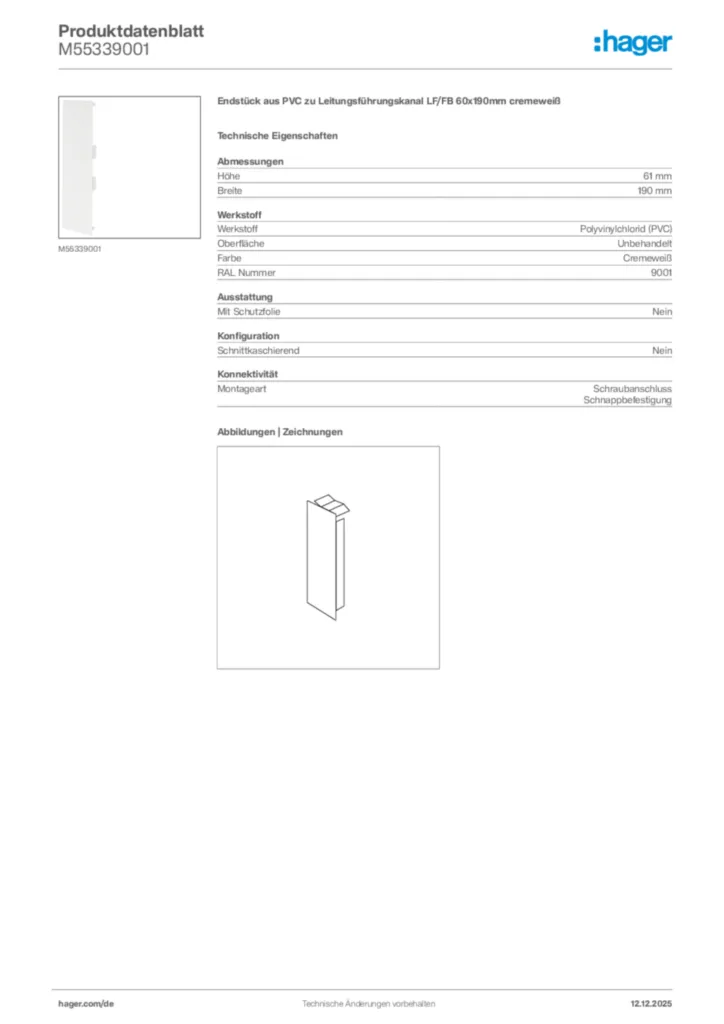 Bild Hager Produktdatenblatt M55339001 | Hager Deutschland