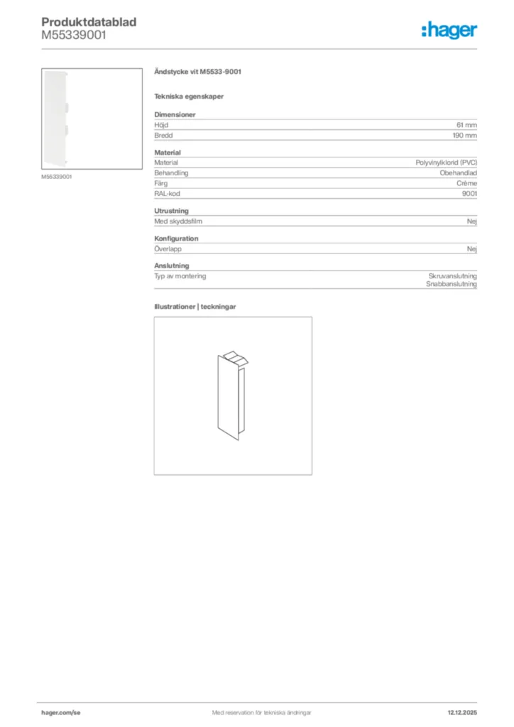 Bild Hager Produktdatablad M55339001 | Hager Sverige