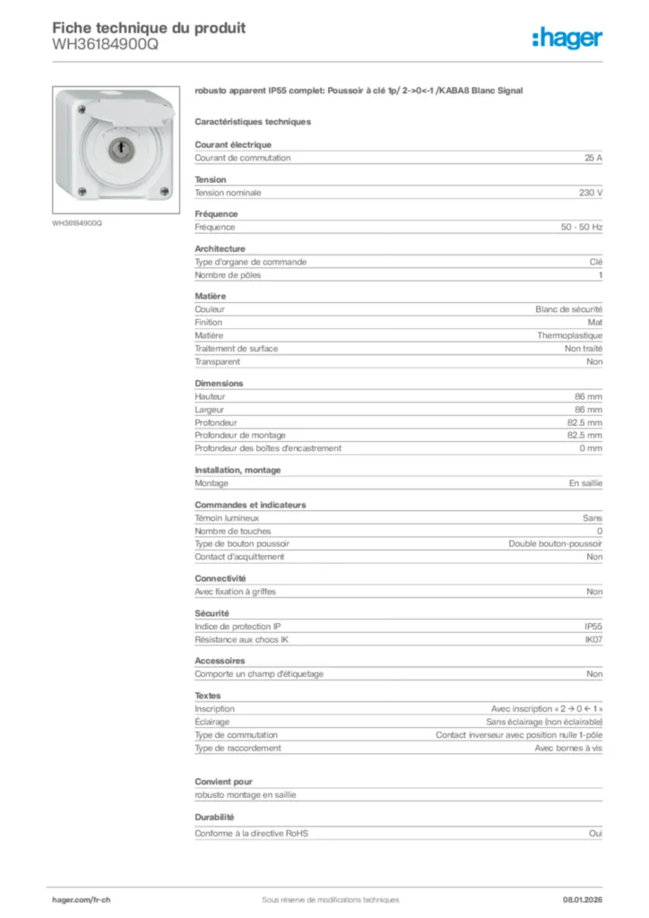 Image Hager Fiche technique du produit WH36184900Q | Hager Suisse