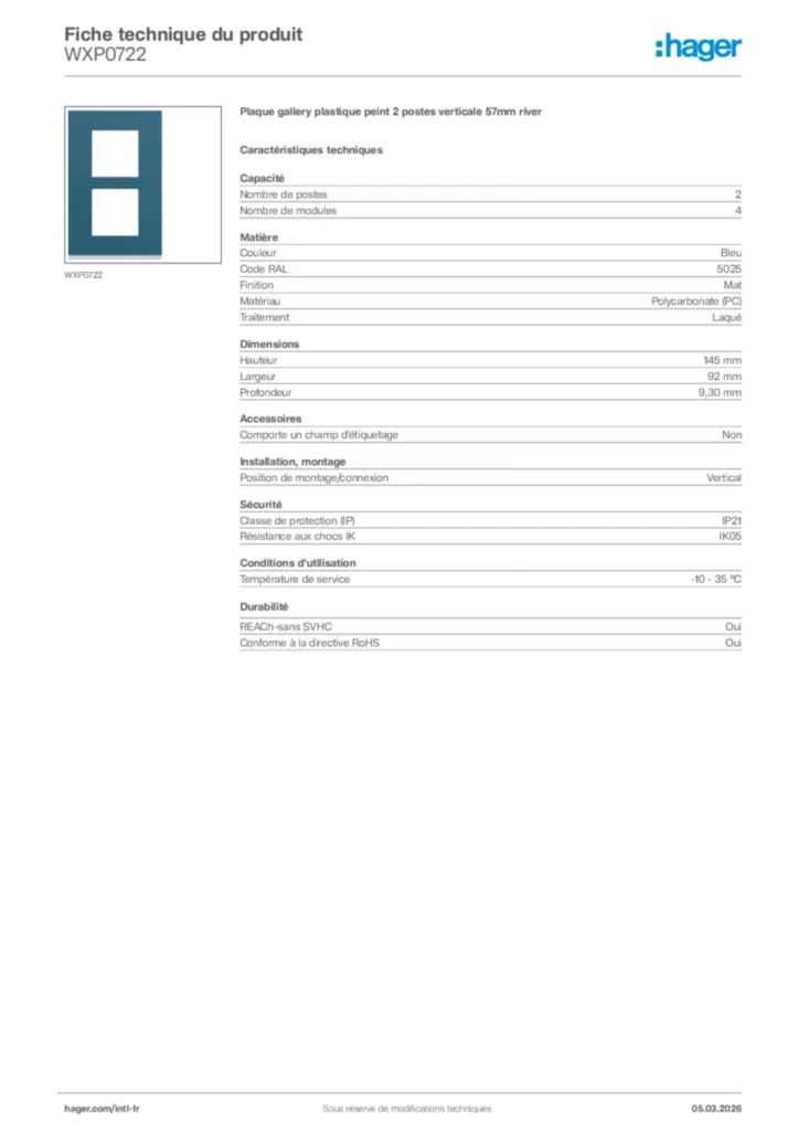 Image Hager Fiche technique du produit WXP0722 | Hager Afrique