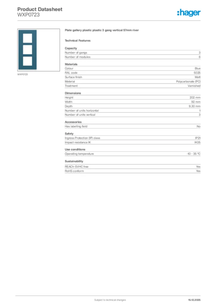 Image Hager Product data sheet WXP0723  | Hager Africa