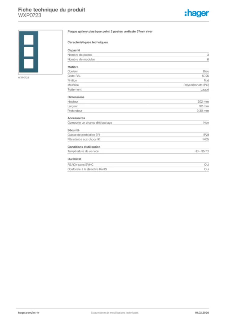 Image Hager Fiche technique du produit WXP0723 | Hager Afrique