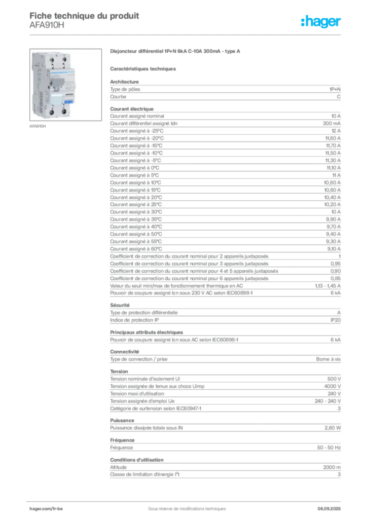 Image Hager Fiche technique du produit AFA910H | Hager Belgique