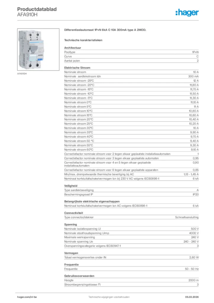 Afbeelding Hager Productdatablad AFA910H | Hager Belgium