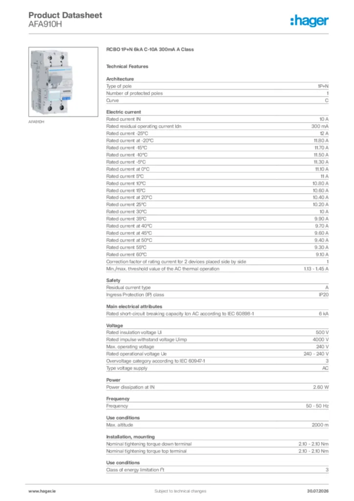 Image Hager Product data sheet AFA910H  | Hager