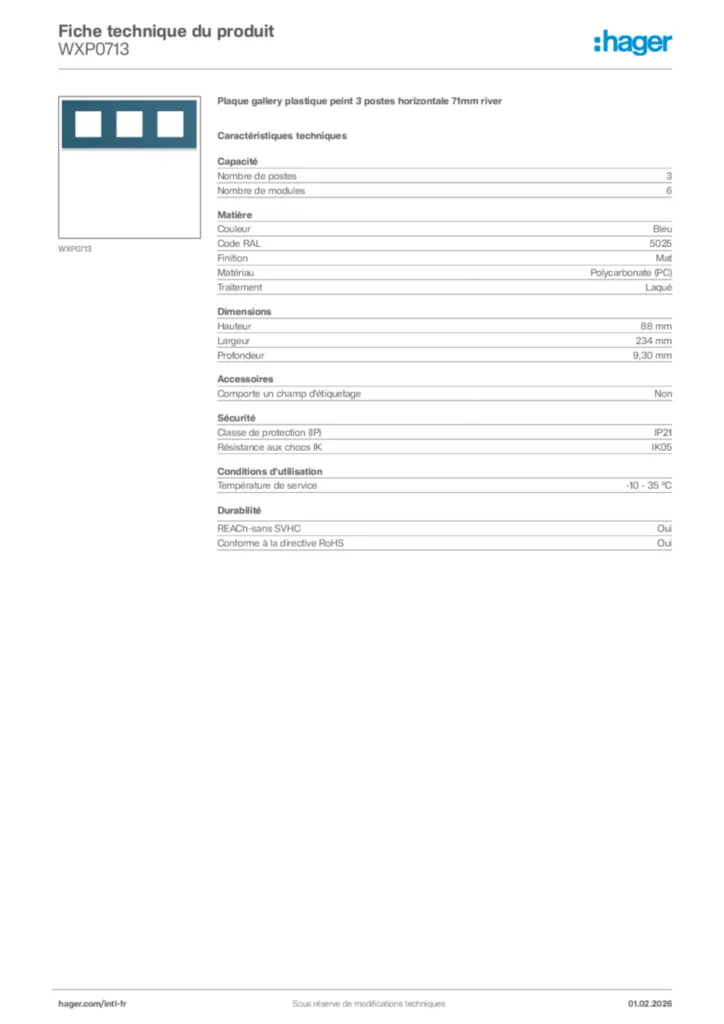 Image Hager Fiche technique du produit WXP0713 | Hager Afrique