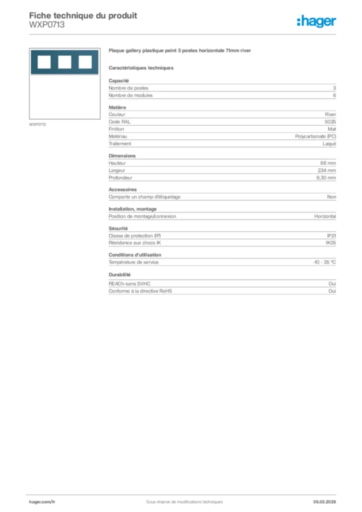 Image Hager Fiche technique du produit WXP0713 | Hager France