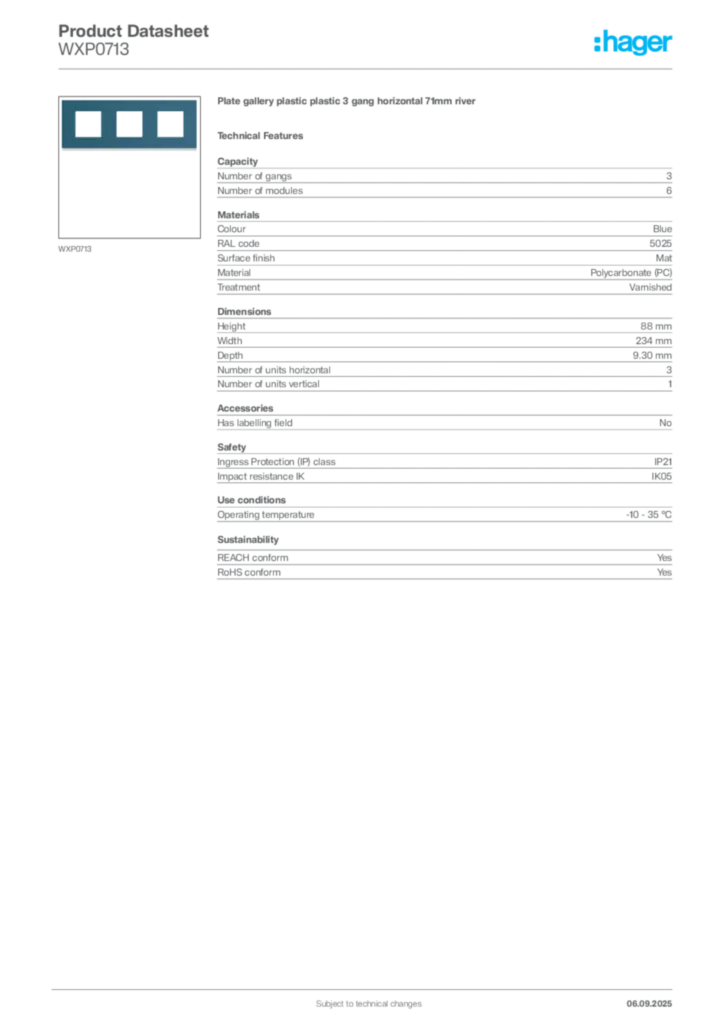 Image Hager Product data sheet WXP0713  | Hager