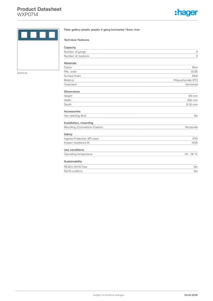 Image Hager Product data sheet WXP0714  | Hager Africa