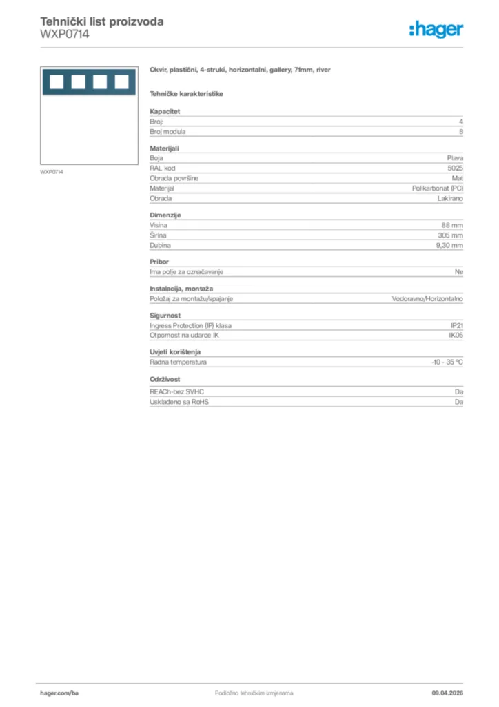 Slika Hager Tehnički list proizvoda WXP0714  | Hager