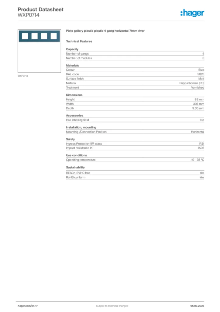 Image Hager Product data sheet WXP0714  | Hager