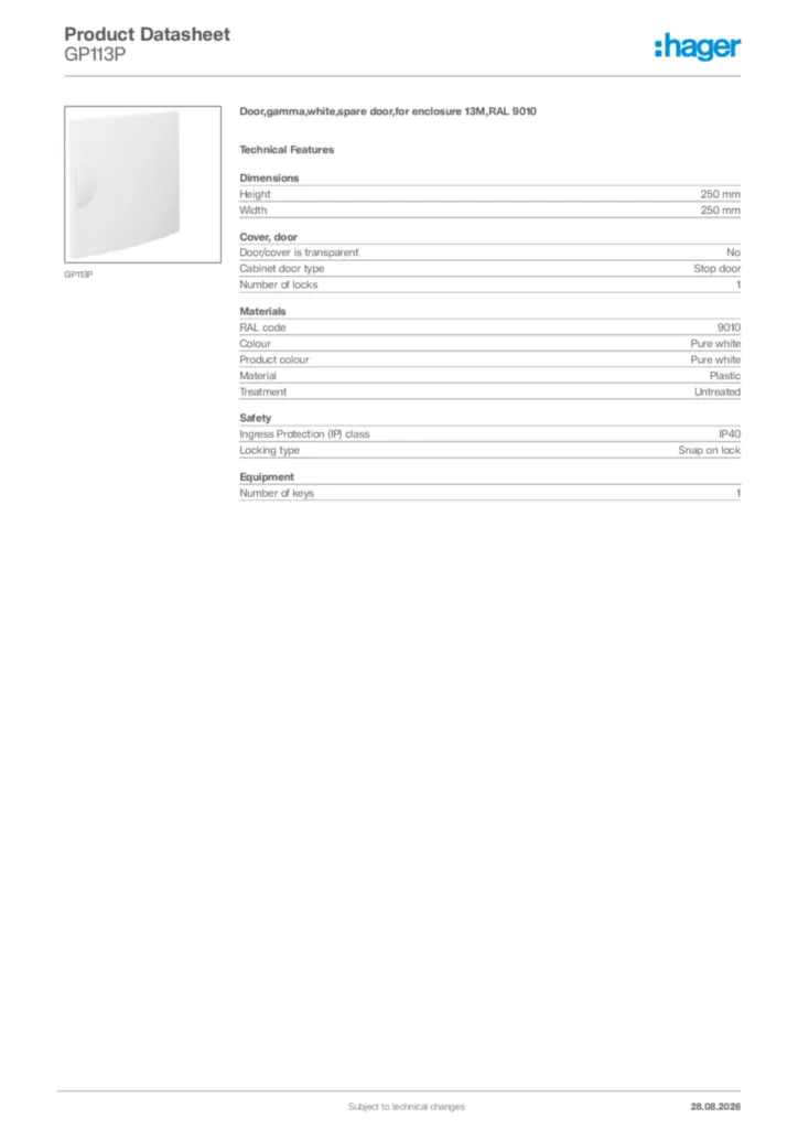 Image Hager Product data sheet GP113P  | Hager Africa
