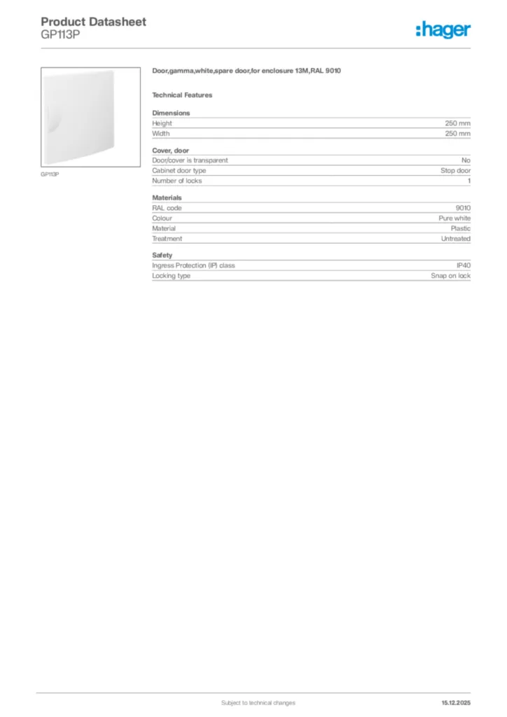 Image Hager Product data sheet GP113P  | Hager Africa