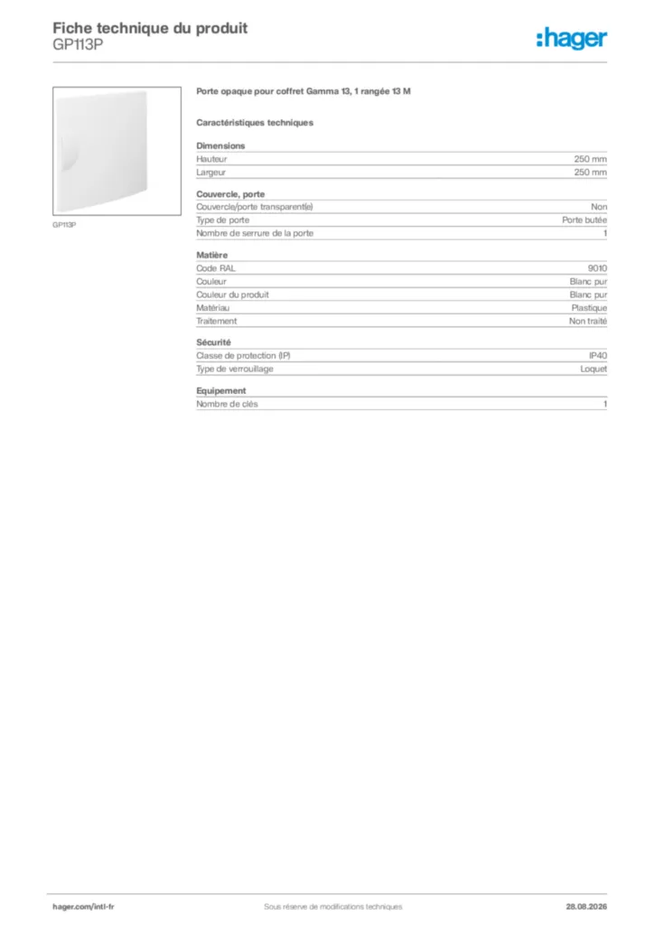 Image Hager Fiche technique du produit GP113P | Hager Afrique