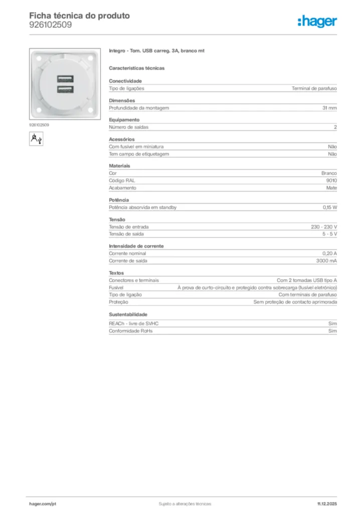 Imagem Hager Ficha técnica do produto 926102509 | Hager Portugal
