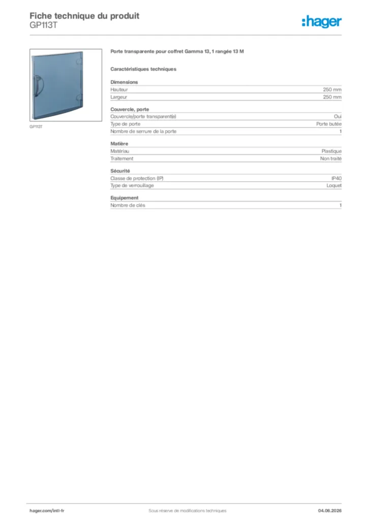 Image Hager Fiche technique du produit GP113T | Hager Afrique