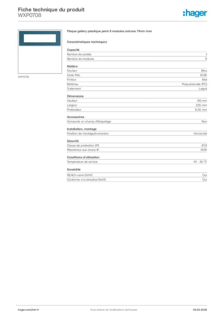 Image Hager Fiche technique du produit WXP0708 | Hager Afrique