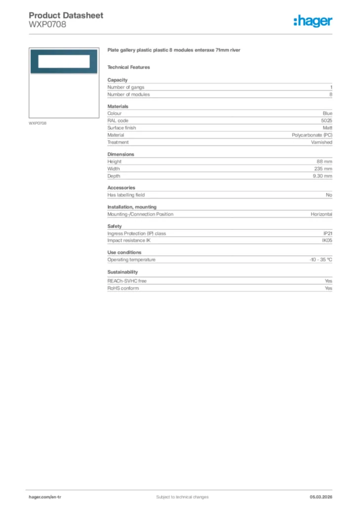 Image Hager Product data sheet WXP0708  | Hager