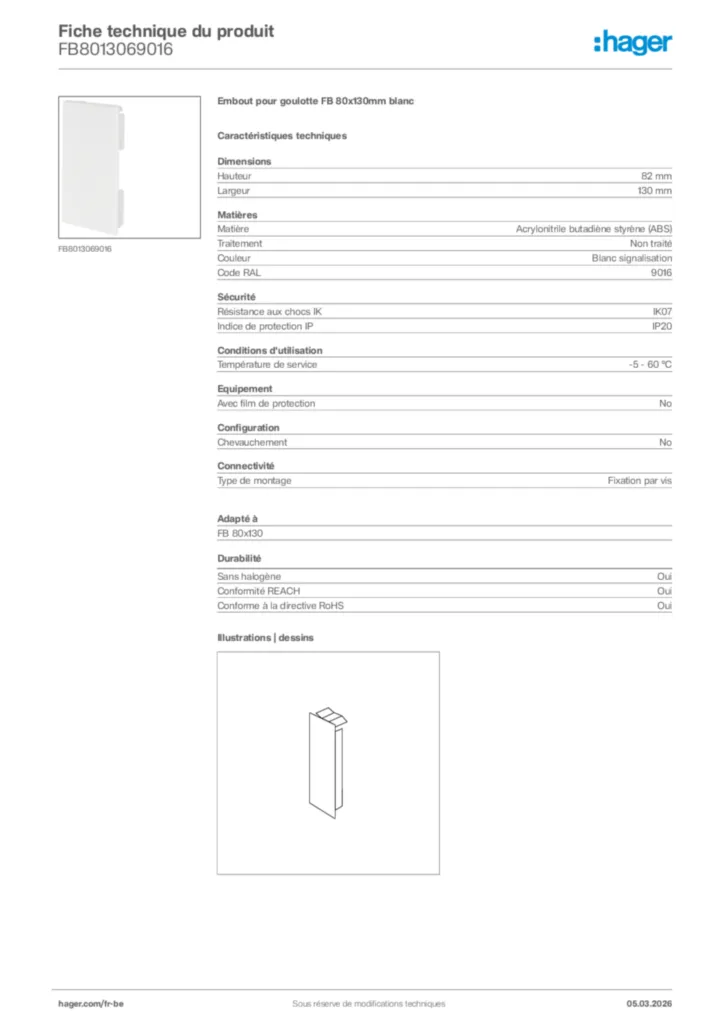 Image Hager Fiche technique du produit FB8013069016 | Hager Belgique