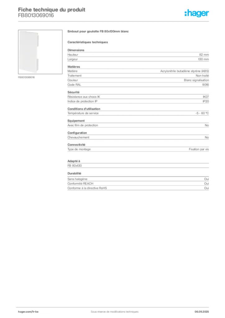 Image Hager Fiche technique du produit FB8013069016 | Hager Belgique