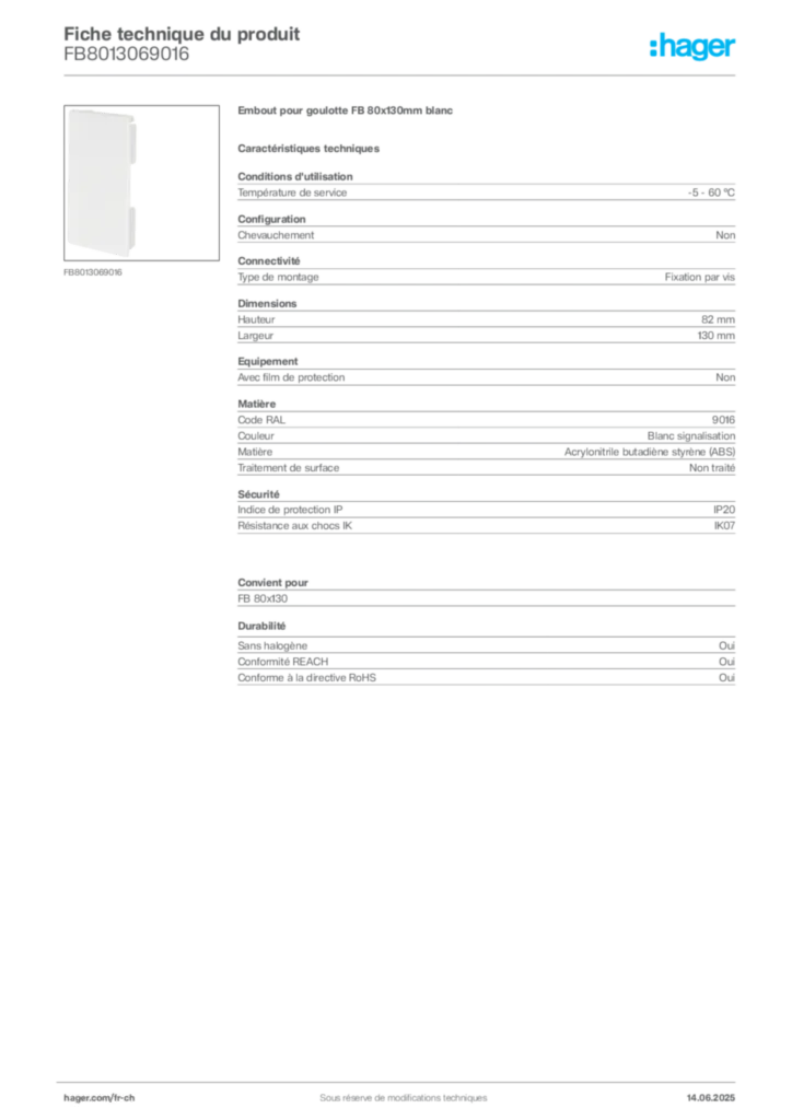 Image Hager Fiche technique du produit FB8013069016 | Hager Suisse