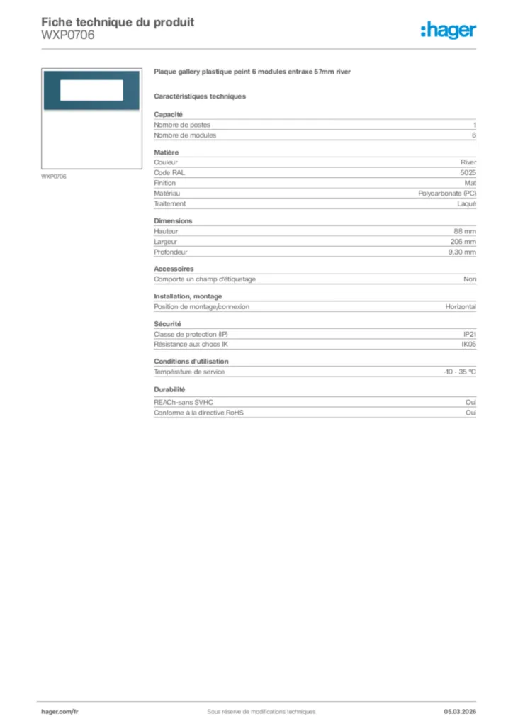 Image Hager Fiche technique du produit WXP0706 | Hager France