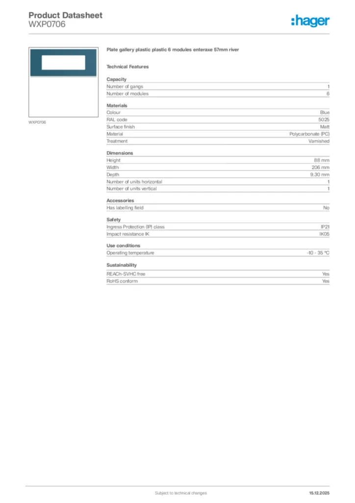 Image Hager Product data sheet WXP0706  | Hager