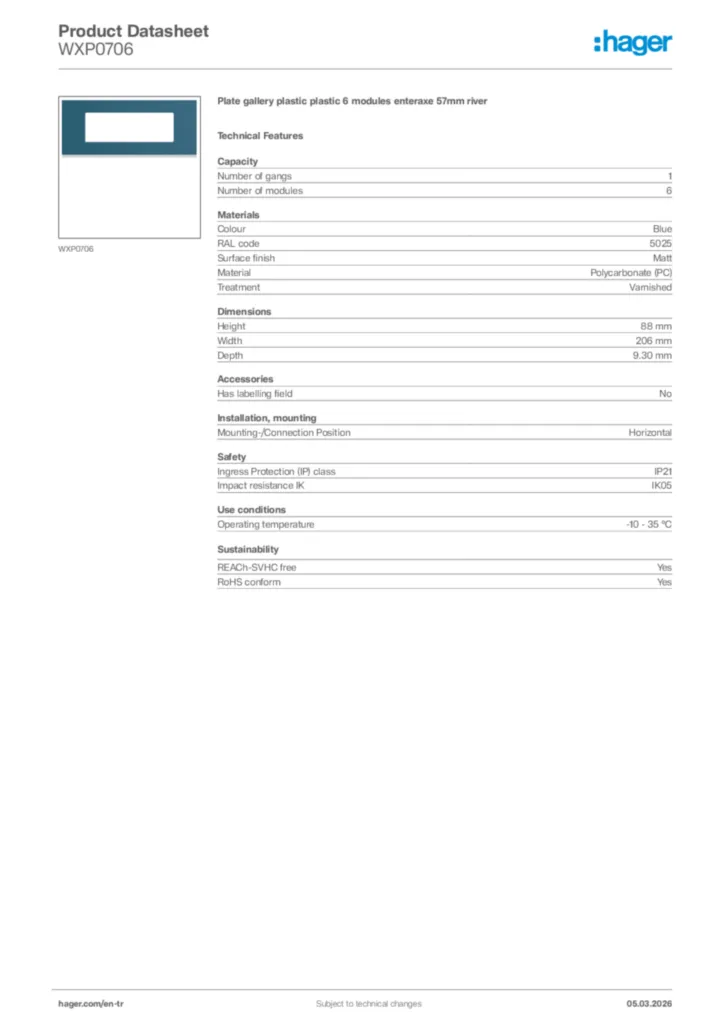 Image Hager Product data sheet WXP0706  | Hager