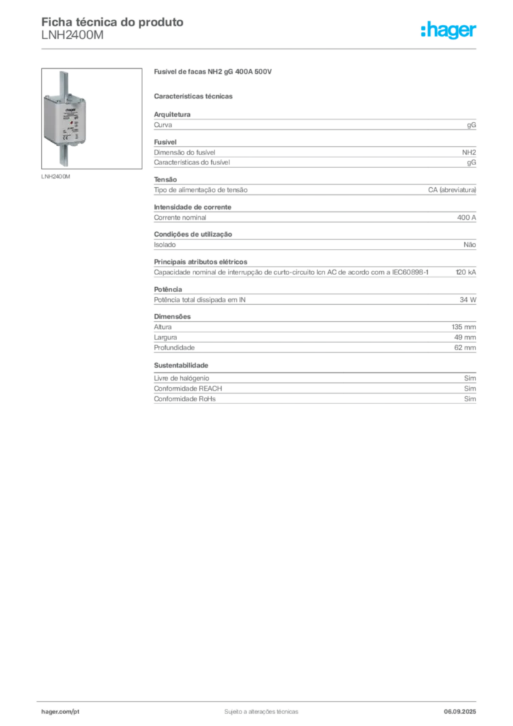 Imagem Hager Ficha técnica do produto LNH2400M | Hager Portugal