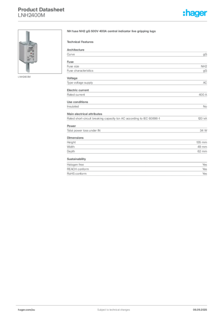 Image Hager Product data sheet LNH2400M  | Hager Australia