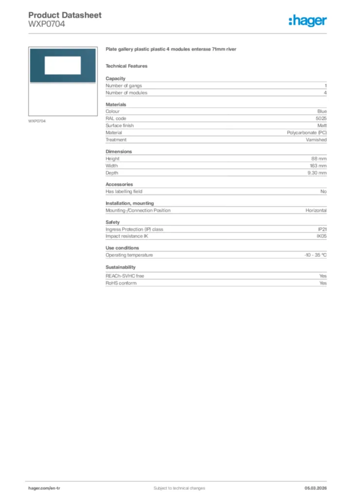 Image Hager Product data sheet WXP0704  | Hager