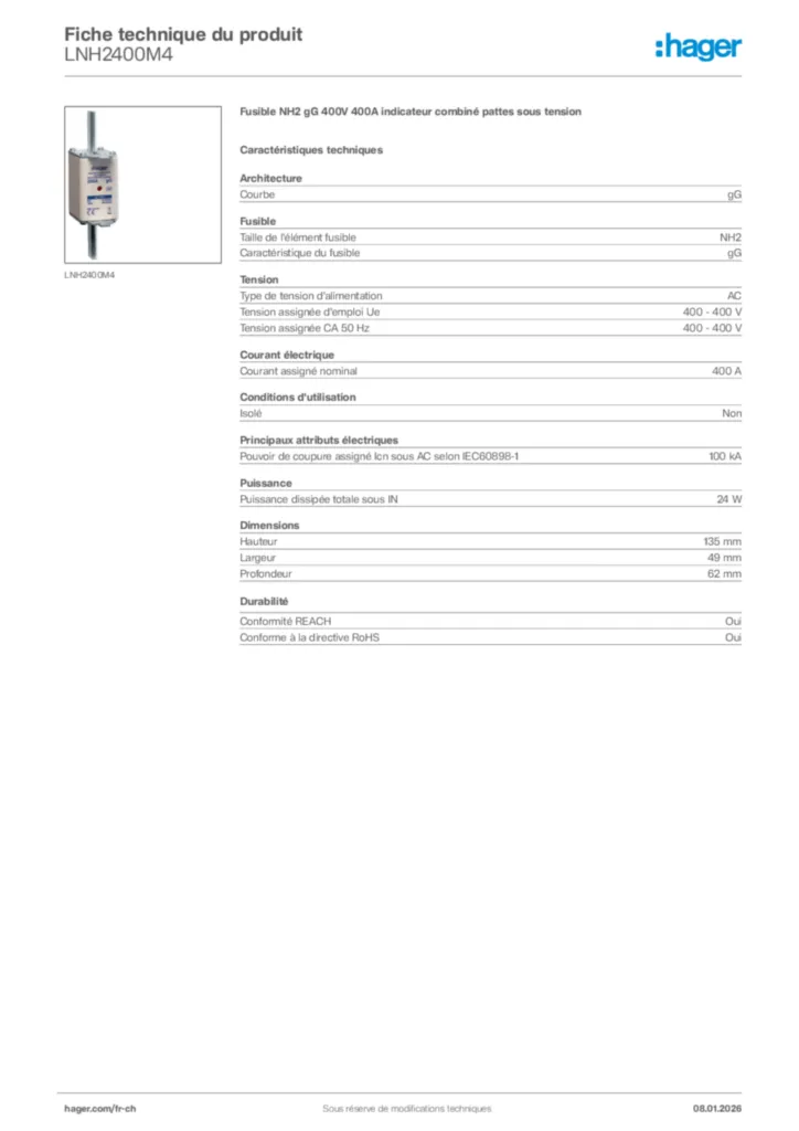 Image Hager Fiche technique du produit LNH2400M4 | Hager Suisse