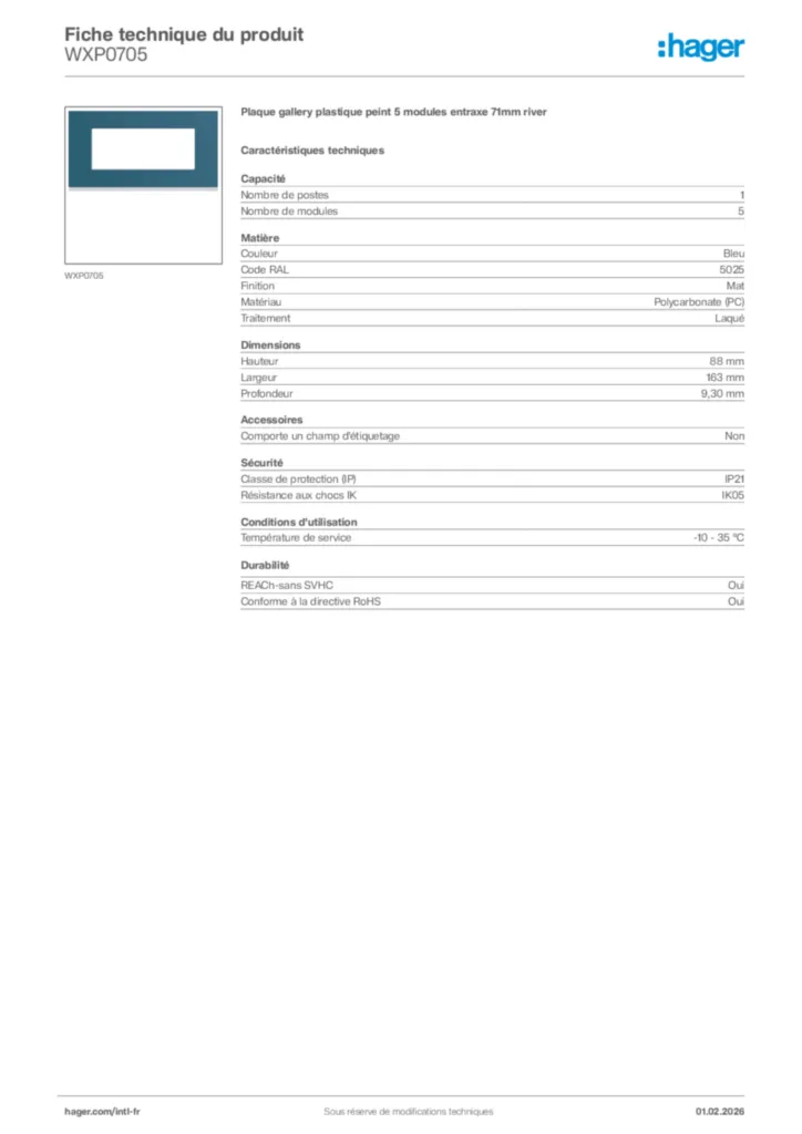 Image Hager Fiche technique du produit WXP0705 | Hager Afrique