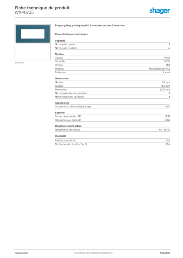 Image Hager Fiche technique du produit WXP0705 | Hager France