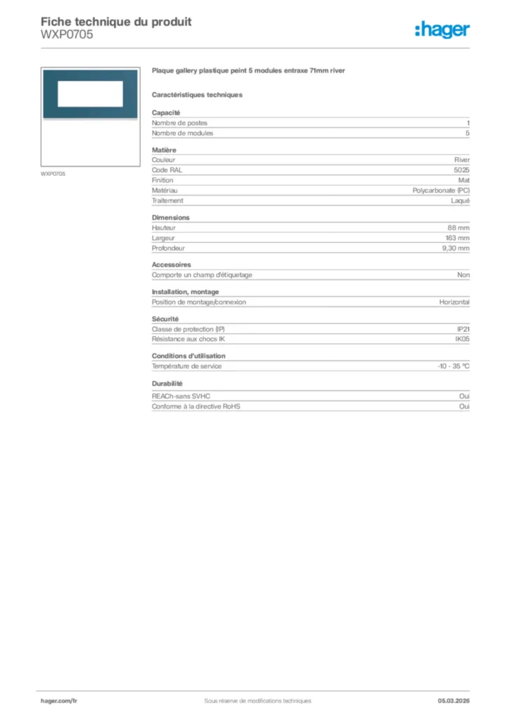 Image Hager Fiche technique du produit WXP0705 | Hager France