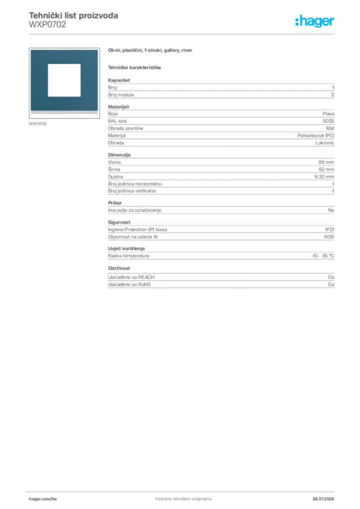 Slika Hager Product data sheet WXP0702  | Hager
