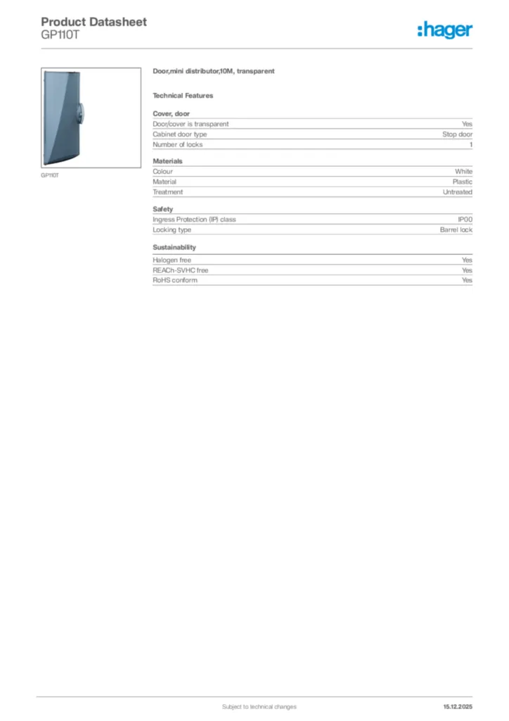 Image Hager Product data sheet GP110T  | Hager Africa