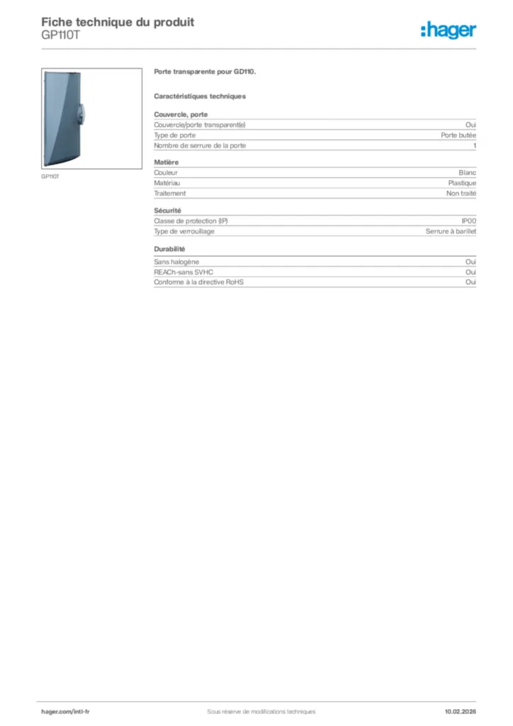 Image Hager Fiche technique du produit GP110T | Hager Afrique