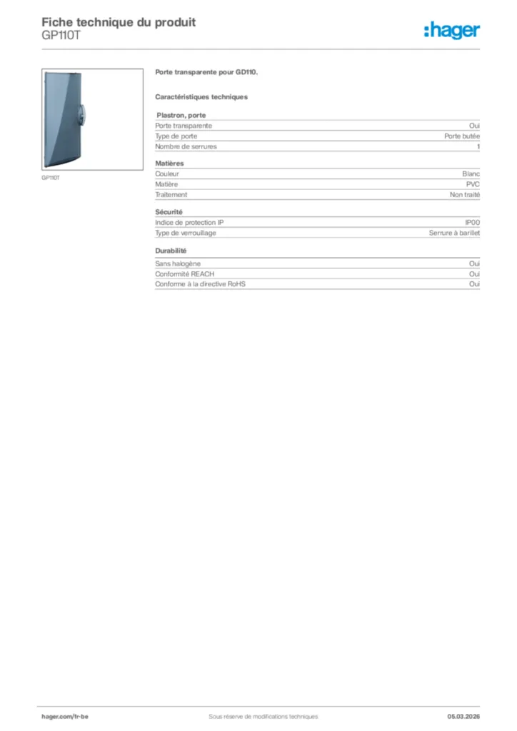 Image Hager Fiche technique du produit GP110T | Hager Belgique