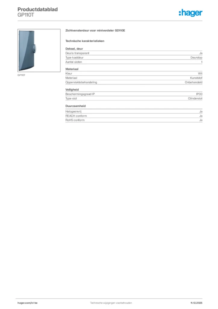 Afbeelding Hager Productdatablad GP110T | Hager Belgium