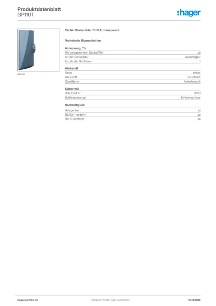 Bild Hager Produktdatenblatt GP110T | Hager Schweiz