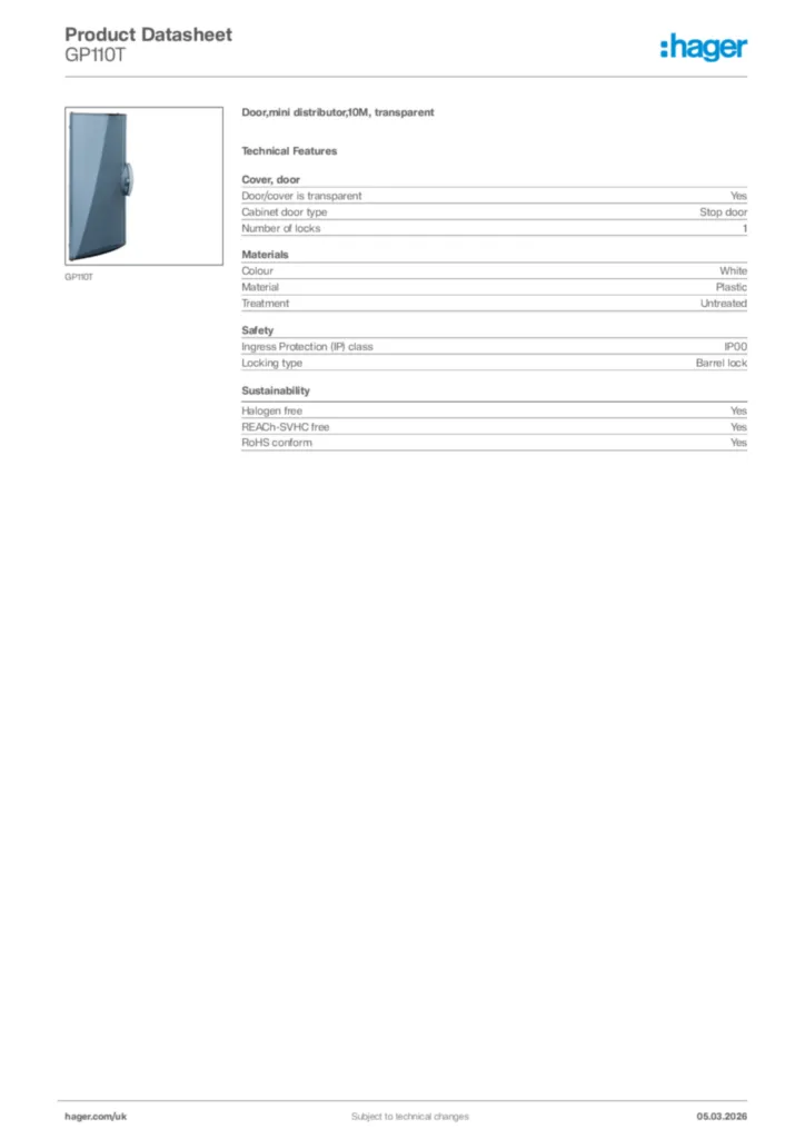 Image Hager Product data sheet GP110T  | Hager