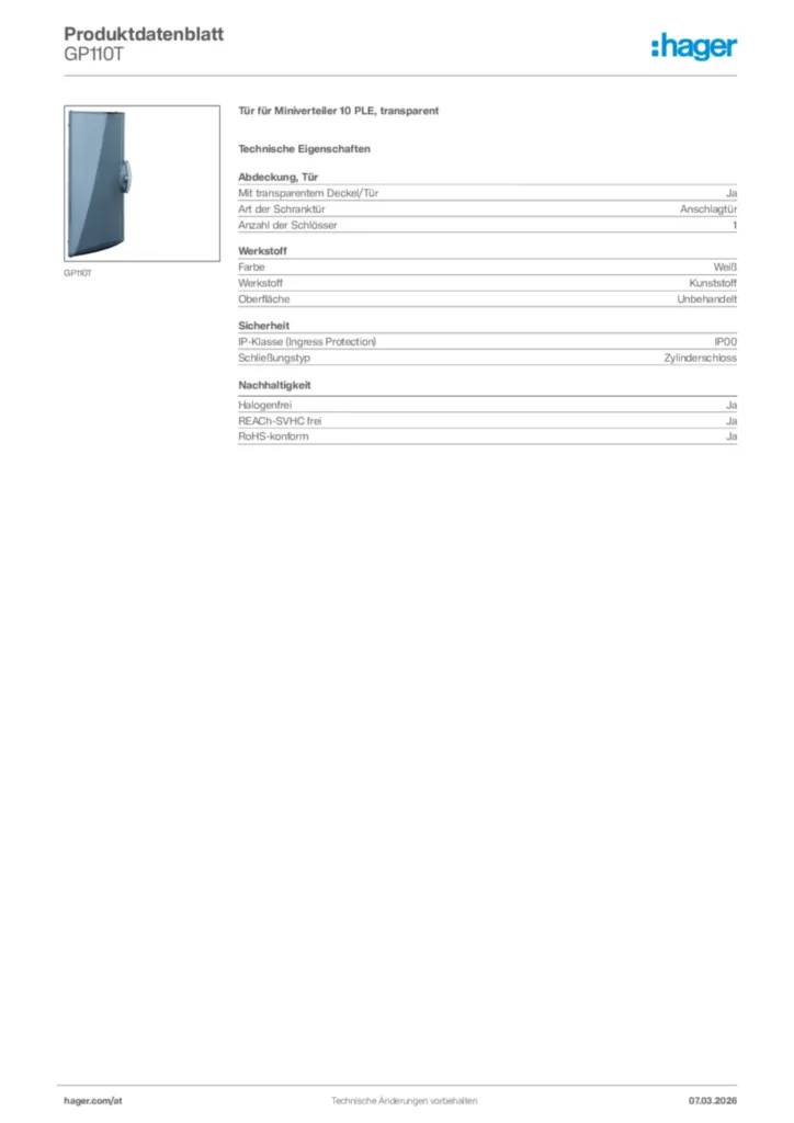 Bild Hager Produktdatenblatt GP110T | Hager Deutschland