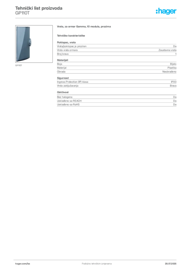 Slika Hager Product data sheet GP110T  | Hager