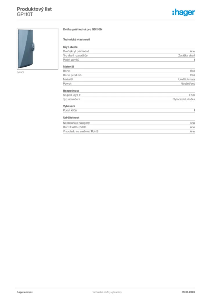 Obrázek Hager Product data sheet GP110T | Hager