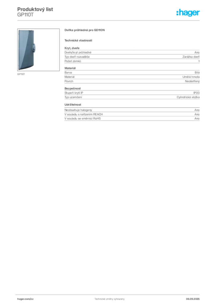 Obrázek Hager Produktový list GP110T | Hager