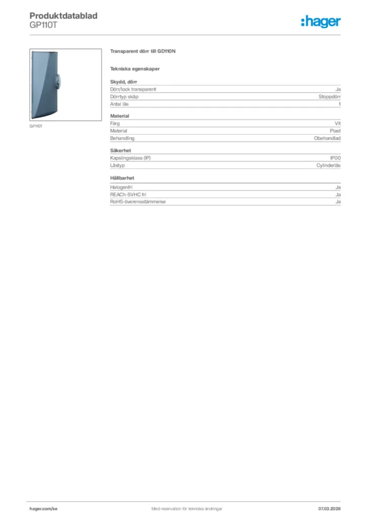 Bild Hager Produktdatablad GP110T | Hager Sverige