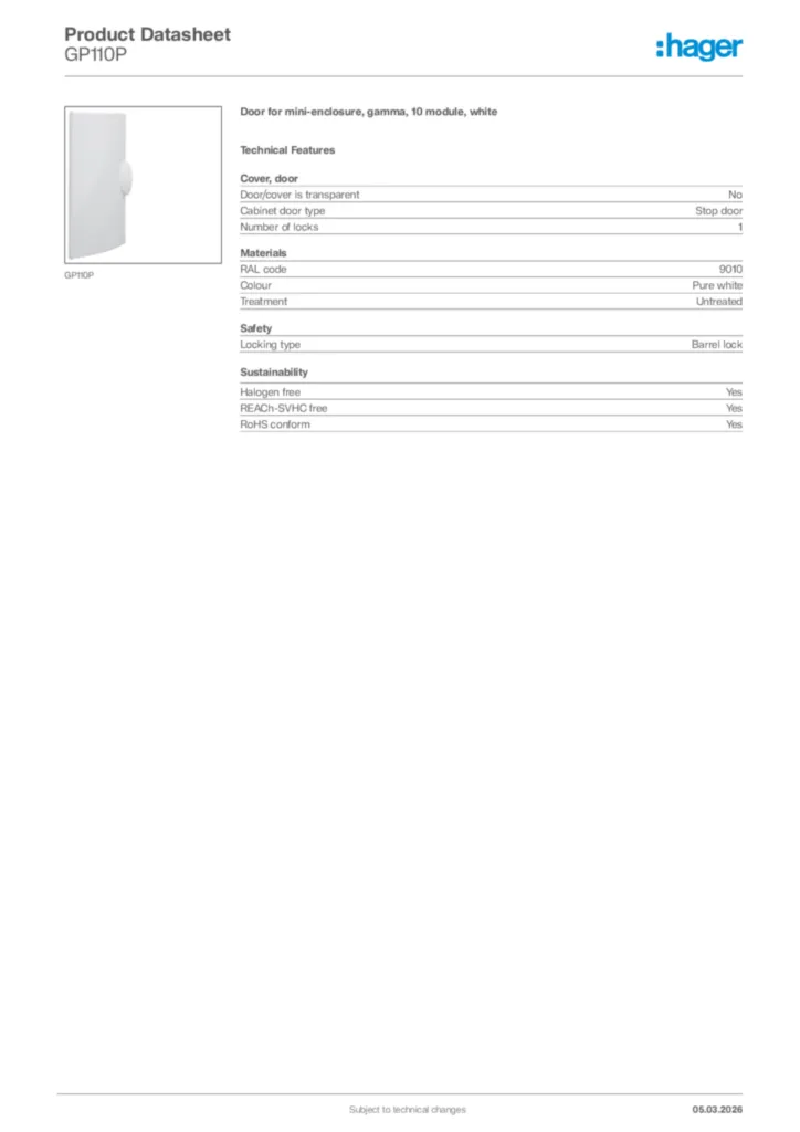 Image Hager Product data sheet GP110P  | Hager Africa